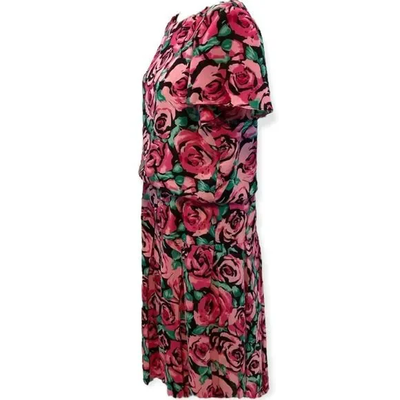 Vintage 80s Dress Black & Pink Midi Floral Roses Size 14 - Picture 4 of 6